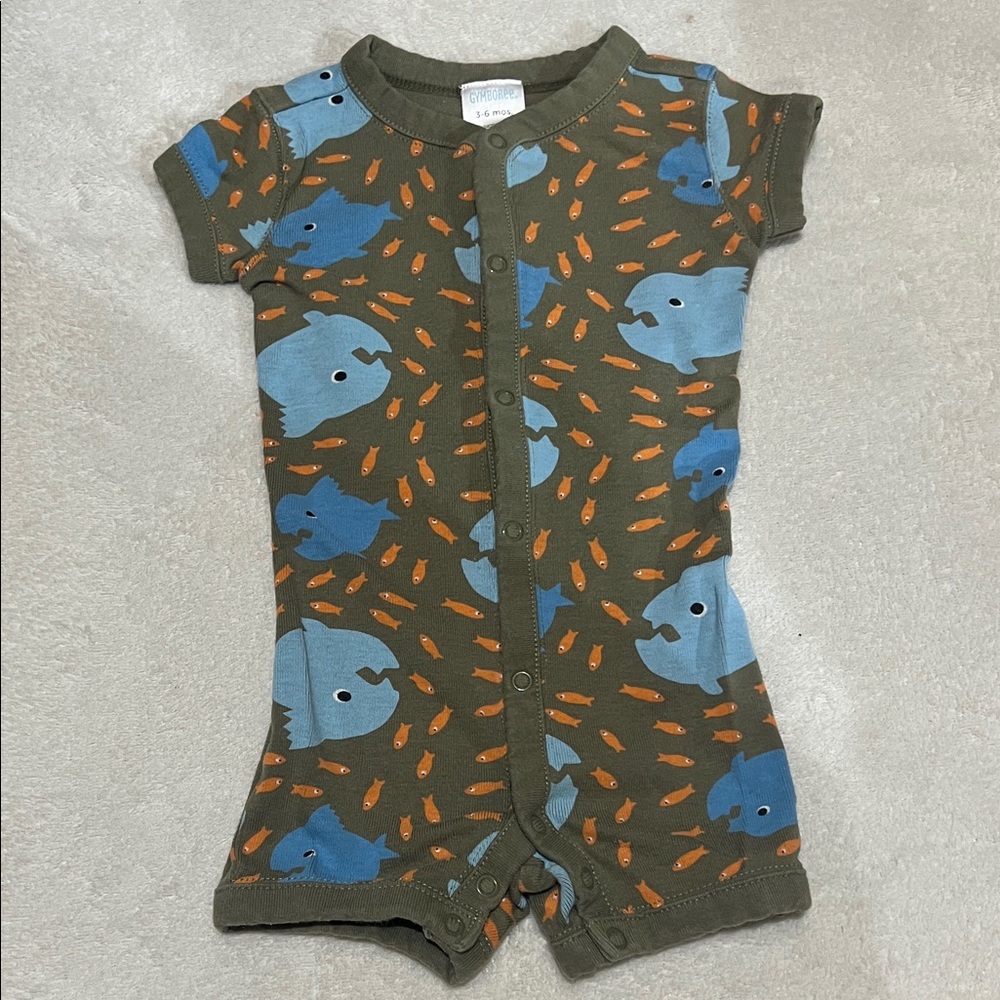 5/$30 Gymboree Olive Bodysuit with Blue and Orange Fish & Whale Design